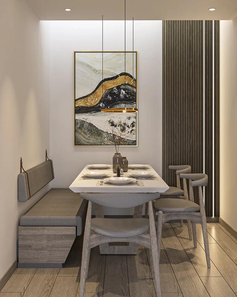 Render del nuevo comedor con vista al patio interior en el Proyecto Colina Loft