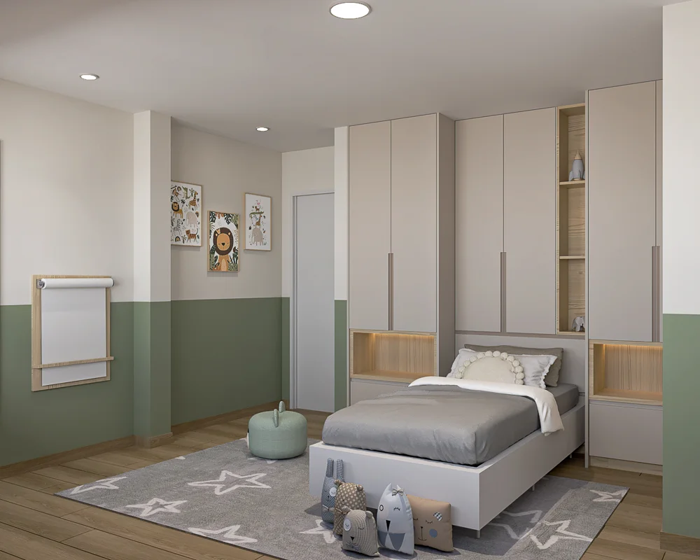 Vista angular del dormitorio infantil con pared pintada de verde y cuadros de animales.