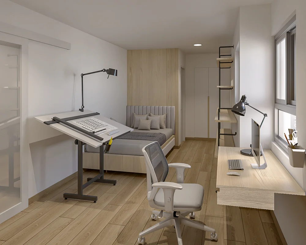 Vista opuesta del estudio o dormitorio de visitas con mesa de dibujo y escritorio.