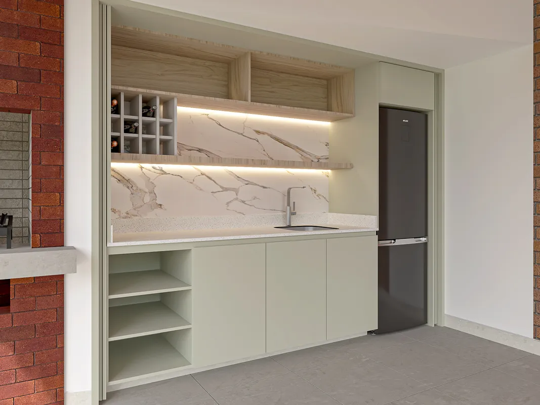 Vista vista lateral del wet bar 